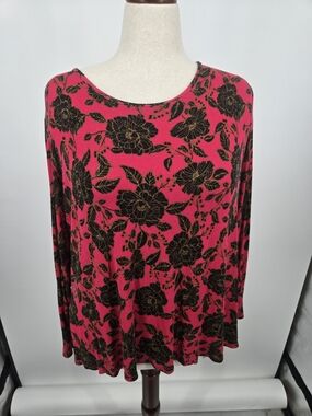 G.I.L.I. Hot Pink Long-Sleeve Floral Print Top with Black Flowers 2X (6994)